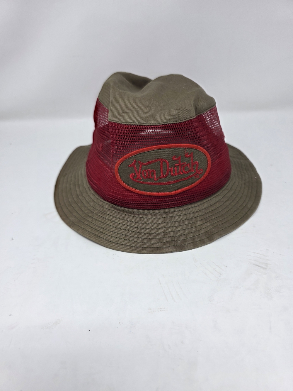 Vintage Von Dutch Y2K Olive Green Red Mesh Bucket Sun Hat 60cm